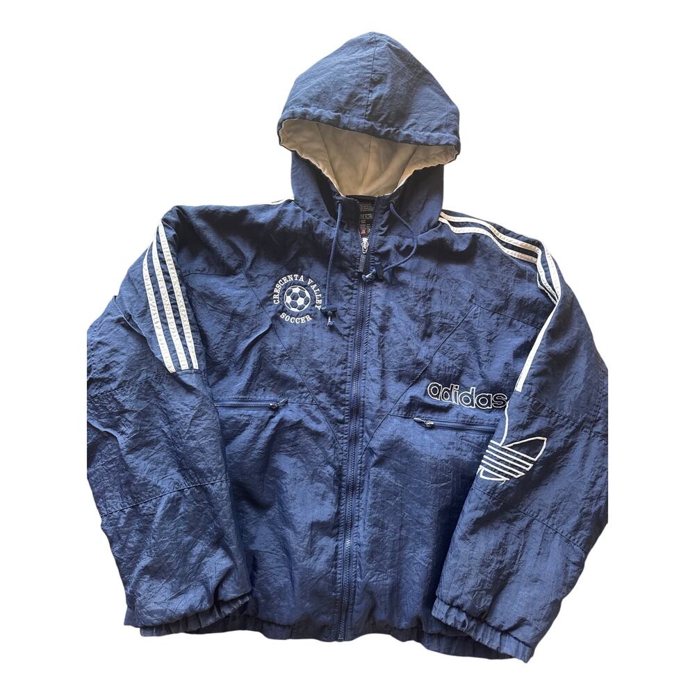 Vtg 90’s Adidas Navy Blue Nylon Large Full Zip Insulated Soccer Hoodie Jacket